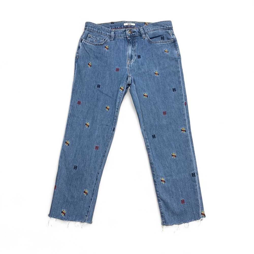 Tommy Hilfiger Y2K Logo Embroidered‎ Boyfriend Jeans Womens 8 Raw Hem